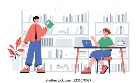 People in Library. Man takes book, education and training, student with textbook in his hand. Self development and love of literature. Poster or banner for website. Cartoon flat vector illustration