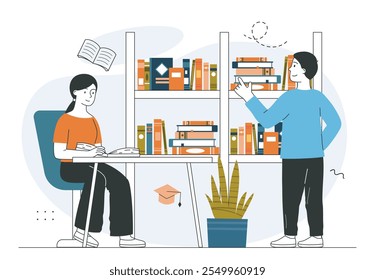 Pessoas na biblioteca. Homem e mulher perto de prateleiras com livros. Amor por leitura e literatura. Estantes com livros didáticos e ficção. Ilustração de vetor linear isolada no plano de fundo branco