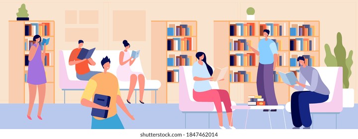 People in library. Person read, young adult with books in bookstore. Students sitting in room with bookcase, exam preparation vector concept