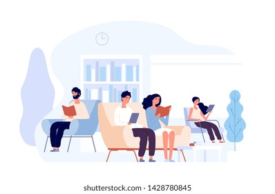 People in library. Persons reading books sitting on chair. Students studying college knowledge in university library vector concept. College library with student reading illustration