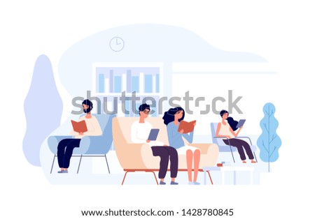 People in library. Persons reading books sitting on chair. Students studying college knowledge in university library vector concept. College library with student reading illustration