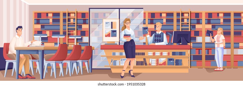 People at library scene. Librarian working at desk, man at table, woman taking books, guy choosing from bookcase vector illustration. Modern room interior design, horizontal panorama.