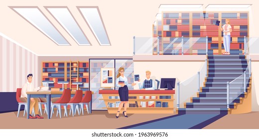 People at library scene. Librarian working at desk, man at table, woman taking books, guy choosing from bookcase vector illustration. Modern room interior design, horizontal panorama.