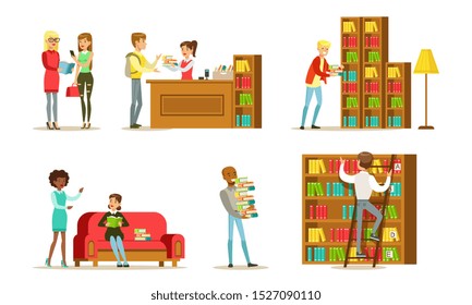 People in Library Set, Visitors and Students Reading, Studying and Preparing for Examination Vector Illustration