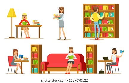 People in Library Set, Visitors and Students Reading Books and Studying Vector Illustration