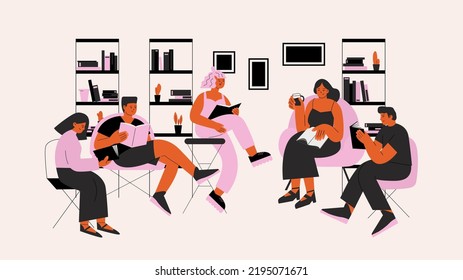 People in library, students preparing exam together. Teens reading books sitting on cozy chairs. Bookshelves, study room or modern book store vector concept