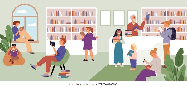 People in library. Students preparing for exams. Children and adults choose books. Reading room. Education process. Readers getting new knowledge. Textbooks learning