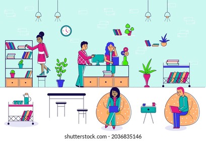 Las personas en biblioteca, ilustración vectorial, personaje de mujer de línea plana leen libro, estudian conocimiento para la escuela, educación universitaria.