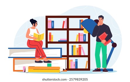 People in library. Woman and man near shelves with books. Education, learning and training. Love for literature and reading. Textbooks and fictions. Flat vector illustration