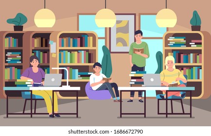 People in library. Young students, men and women read books, public library interior with bookshelves, desks and chairs flat vector studying concept