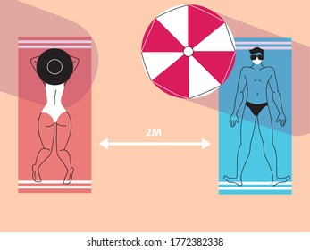 people lie on beach towels at distance, social distancing vector illustration design