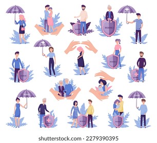 People Life and Health Insurance Under Umbrella and Hand Protection Vector Set