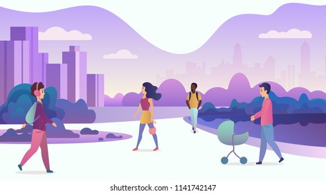 People Life In Modern Eco City. Walking People In Modern Park With Skyscrapers On The Background. Trendy Cartoon Gradient Color Vector Illustration.