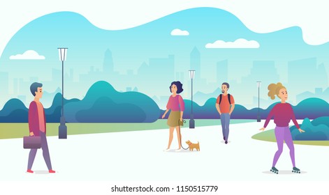People Life In Modern Eco City. People Relaxing In Nature In A Beautiful Urban Park With Skyscrapers On The Background. Trendy Cartoon Gradient Color Vector Illustration.