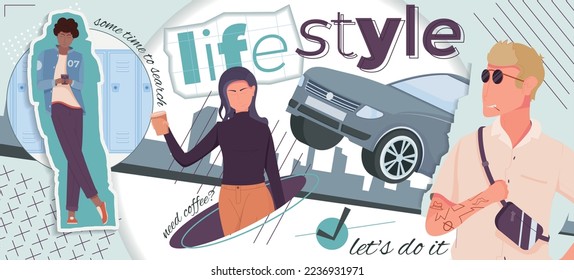 People lifestyle collage with car men and woman surfing net drinking coffee flat vector illustration