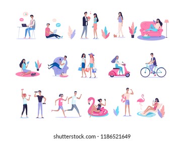 People lifestyle color vector flat illustration set