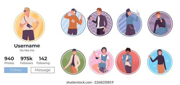 People lifestyle flat set of social media avatars with young stylish men and woman isolated vector illustration