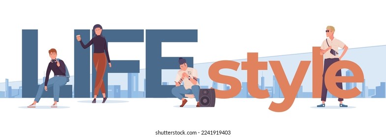 People lifestyle flat text with relaxed stylish men and women in background with cityscape vector illustration