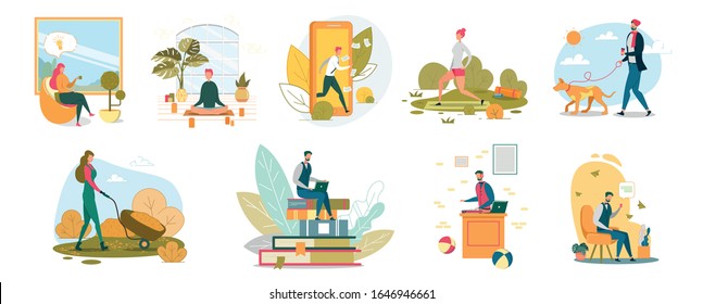 People Lifestyle Flat Vector Illustrations Set. Reading, Meditation, Walking Hobbies Isolated Design Elements Pack. Work and Recreation. Cartoon Characters Entertainment and Education