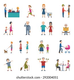People lifestyle man and woman in work and daily situation flat color icon set isolated vector illustration