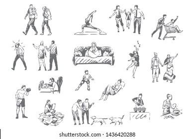 People lifestyle, personal leisure concept sketch. Introvert and extrovert pastime, hiking, fitness and yoga, computer gaming, plant nursing, various activities set. Isolated vector illustration