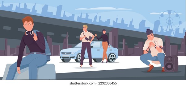 People lifestyle urban scene with modern stylish men and women flat vector illustration