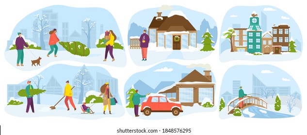 People lifestyle in winter set of vector illustrations. Family with kids happy in snow season, fun and activity, winter life in country house, christmas holidays. Walking outdoor, vacation.