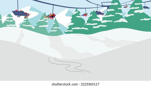 People Lifting on Funicular at Mountain Ski Resort, Alps Winter Landscape with Ropeway, Snowy Rock Peaks, Spruces and Sportsmen on Cable Car at Nature Background. Cartoon Vector Illustration