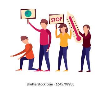 people lifting thermometer and protest label vector illustration design