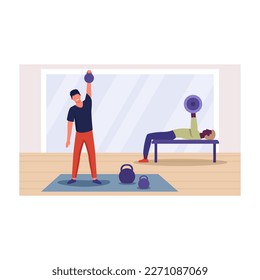 People lifting weights in gym color 2d vector graphic. Smiling man lifts kettlebell, black person in background does bench press. Sport and healthy lifestyle flat art, cartoon illustration