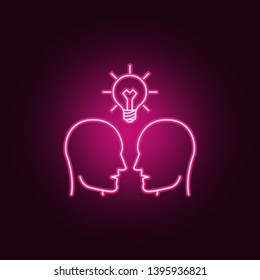 people and a light bulb above them neon icon. Elements of Idea set. Simple icon for websites, web design, mobile app, info graphics