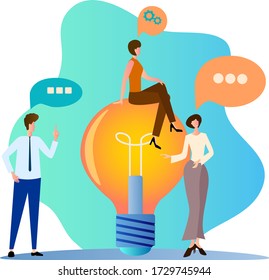 People and a light bulb.The concept of brainstorming the search for ideas for teamwork.Flat vector illustration.