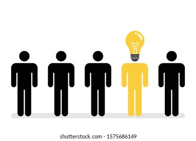 People light bulb head stand out from the crowd and different concept. Different thinking to success in business. Vector illustration flat design template. 