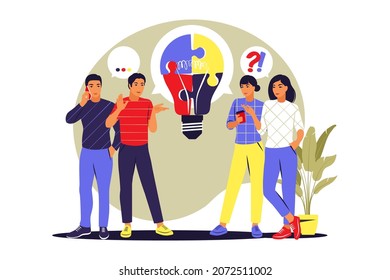 People with light bulb puzzle, business concept. Company employees sharing thoughts and ideas. Vector illustration. Flat.