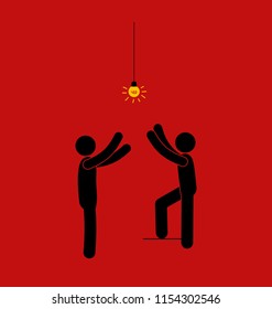 people and a light bulb, simple vector illustration, stick figure man, pictogram human silhouette