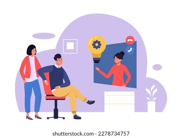 People with light bulbs. Creative business idea and finding solution process, team group working together on innovation. Vector of business creative idea bulb, innovation concept illustration