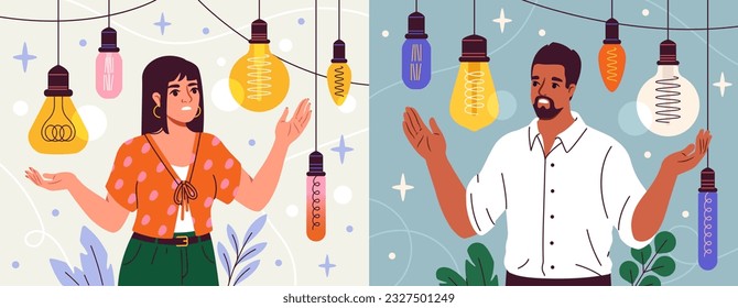 People with light bulbs set. Characters think about ideas and plans for future. Man and woman with different electric lamp. Business strategy and thinking concept. Cartoon flat vector illustrations