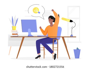 People with lightbulb idea concept vector illustration. Cartoon flat happy woman character sitting at desk, got new innovative idea, have light bulb creative mark in bubble above isolated on white