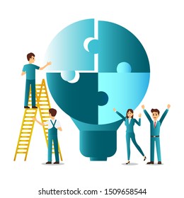 People with lightbulb puzzle, business concept. Team metaphor. people connecting puzzles. Vector Illustration.