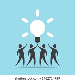 People and lightbulb. Teamwork, creativity, creative team, big idea, brainstorming, startup, cooperation, innovation, project, community and inspiration concept. EPS 8 vector illustration