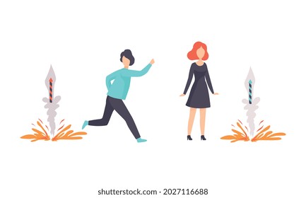 People Lighting Fireworks Set, Happy Man and Woman Celebrating Holidays Flat Vector Illustration