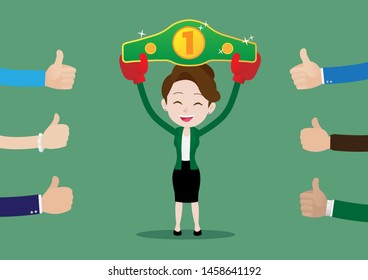 People like and give a thumbs up to business woman in boxing gloves holding championship belt, Cartoon vector illustration