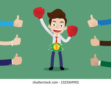 People like and give a thumbs up to businessman in boxing gloves wearing championship belt, Cartoon vector illustration