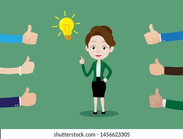 People like and give a thumbs up to the good idea of a business woman, Cartoon vector illustration