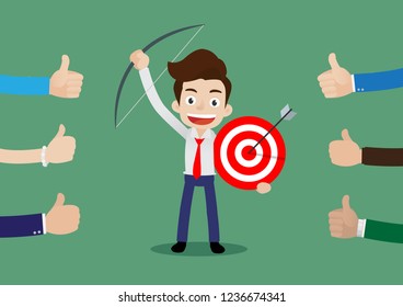 People like and give a thumbs up to successful businessman standing holding a bow and target, The arrow hit the target exactly, Cartoon vector illustration