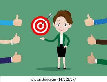 People like and give a thumbs up to a successful business woman achieving her goals, Cartoon vector illustration