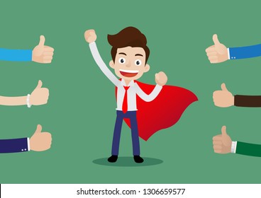 People like and give a thumbs up to super hero businessman in red cape, Cartoon vector illustration