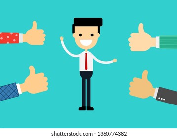 
people like and give thumbs up to young businessman. isolated on blue background. vector illustration.