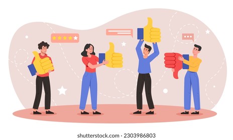 People with like rating. User opinion and feedback, marketing. Ranking and rating. Product evaluation and assesment. Know your customer. Client review concept. Cartoon flat vector illustration