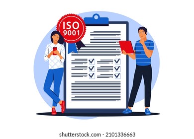 People like standard for quality control. Iso 9001 standard. International certification concept. Vector illustration. Flat